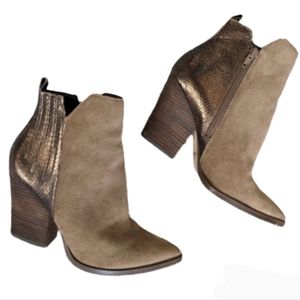 GUESS Millie Boots Brown Suede Leather Pointed Toe Metallic Ankle Boots